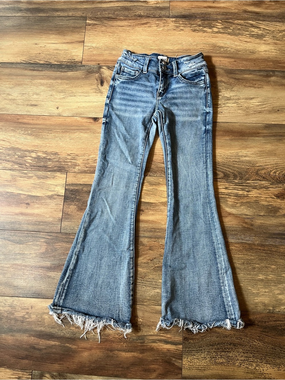 BKE Youth Girls Flare Jeans Size 10 Blue Distressed Raw Hem Stretch Denim